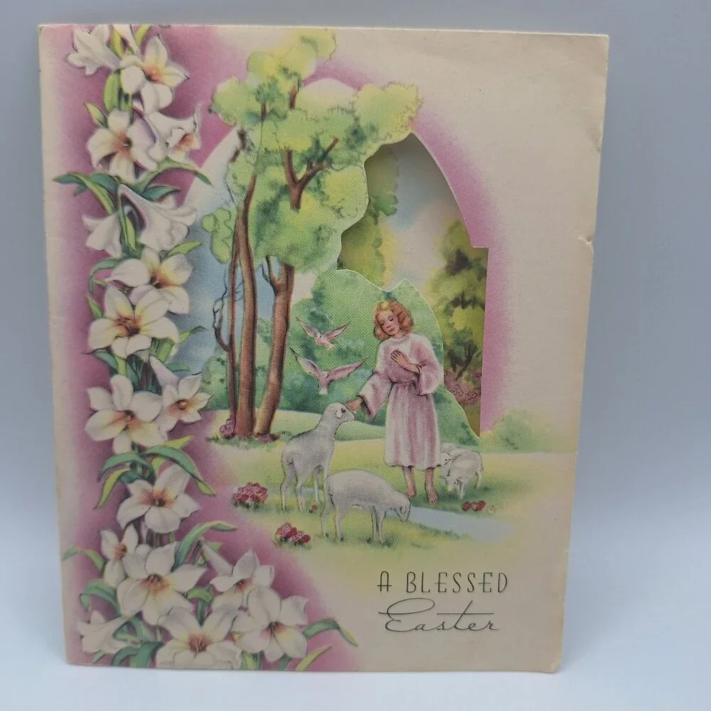 Blessed Easter Card Vintage‎ Religious Fold-Out Lily Design Made In USA Keepsake